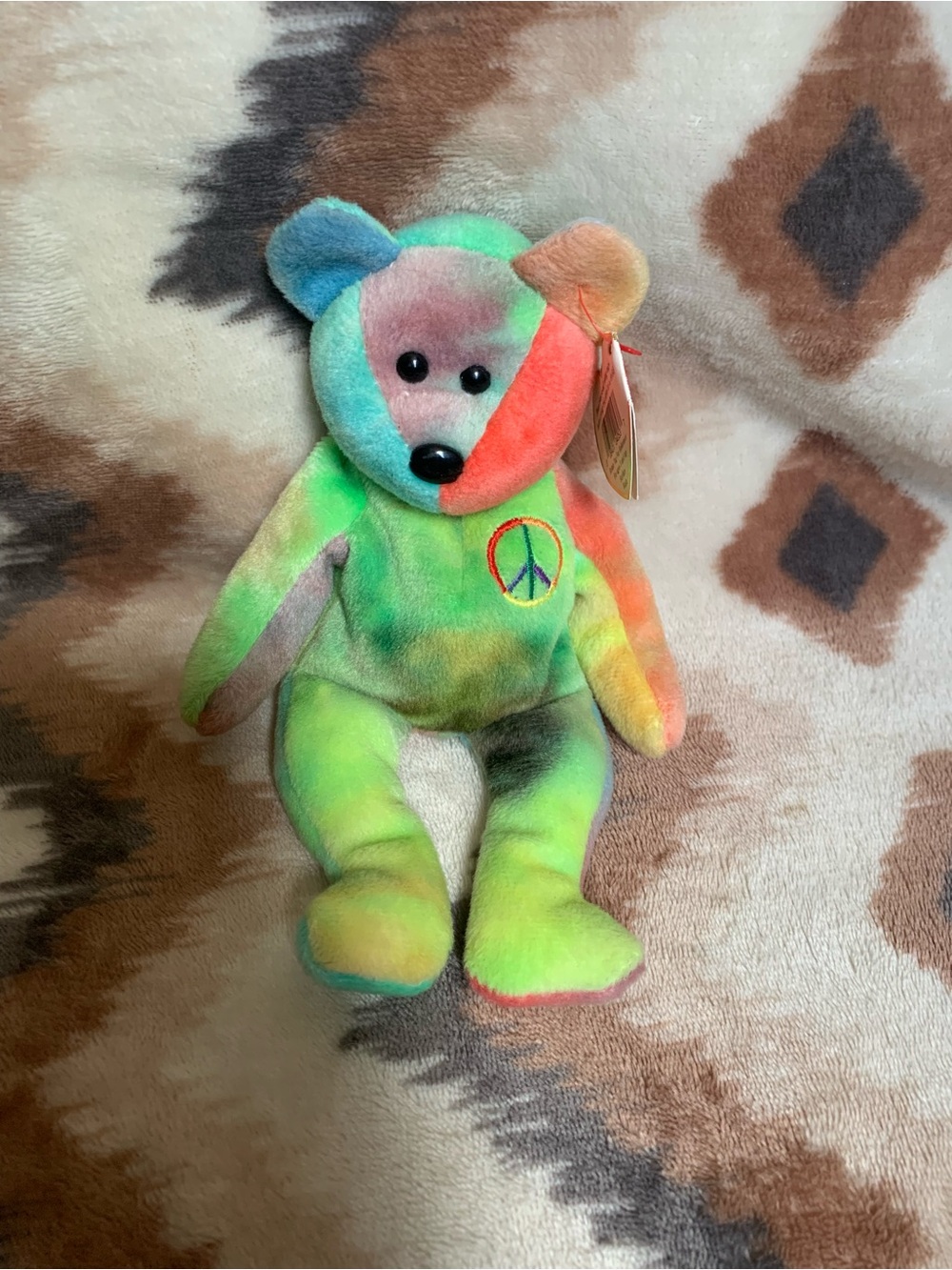 Vintage Ty Beanie Baby Peace Bear Tie-Dye Plush 1996 with Hang Tag Peace Symbol
